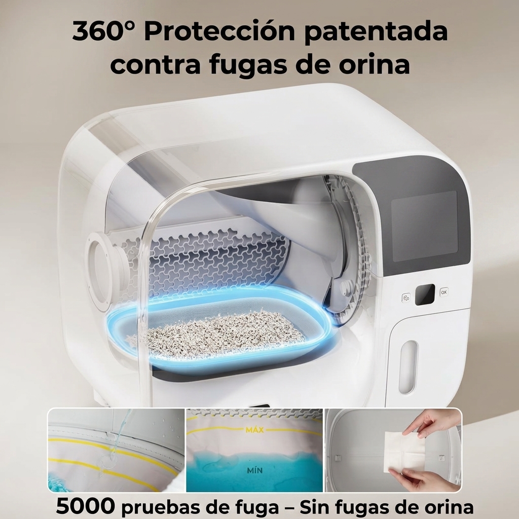 Sistema automático de limpieza de arenero. Capacidad: 80 litros | Sistema de protección de seguridad de 10 niveles, nivel de ruido inferior a 50 decibelios, cubo interior a prueba de olores, hasta 15 días de duración de la batería, control mediante aplica