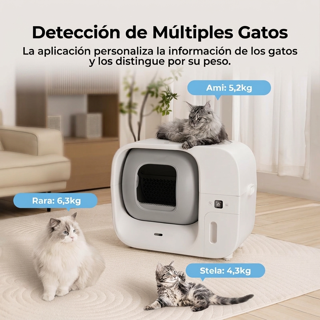 Sistema automático de limpieza de arenero. Capacidad: 80 litros | Sistema de protección de seguridad de 10 niveles, nivel de ruido inferior a 50 decibelios, cubo interior a prueba de olores, hasta 15 días de duración de la batería, control mediante aplica