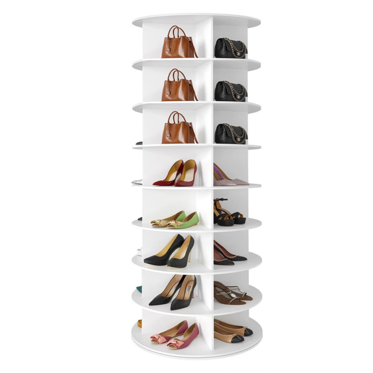 Zapatero giratorio de 360°, armario giratorio para zapatos de 7 niveles, 28 compartimentos, 147,4 × 59 cm, estante para zapatos que ahorra espacio, puede almacenar zapatos, bolsos y accesorios, blanco, adecuado para pasillos, dormitorios y armarios.