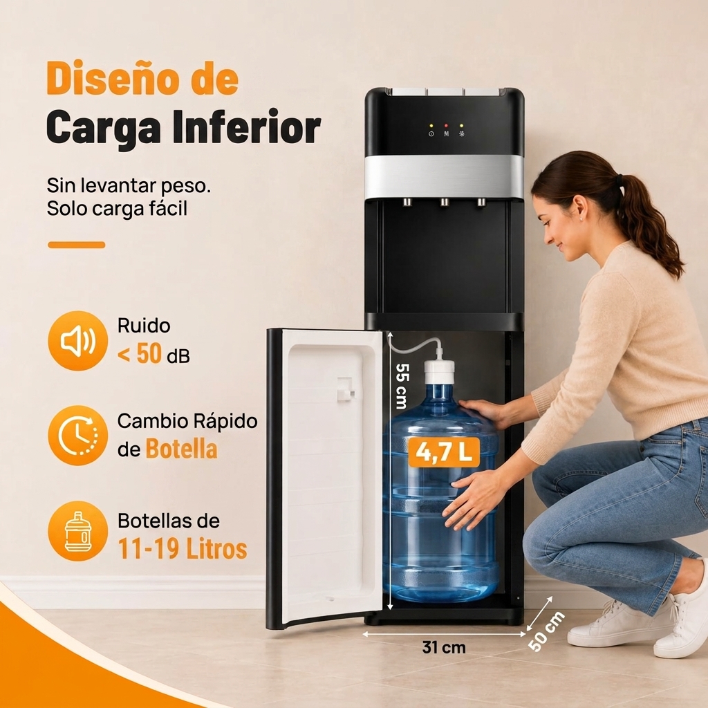 Dispensador de Agua 18,9L, Carga Inferior, Agua Fría, Caliente y Ambiente, Bloqueo Infantil