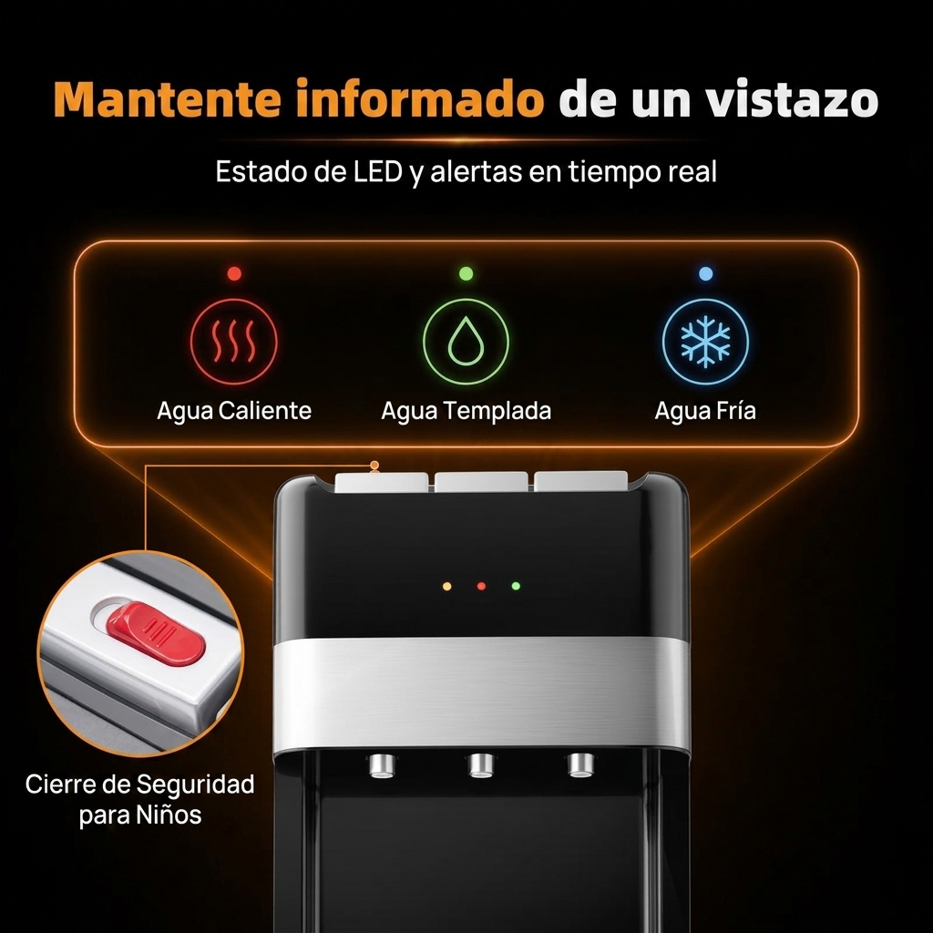 Dispensador de Agua 18,9L, Carga Inferior, Agua Fría, Caliente y Ambiente, Bloqueo Infantil