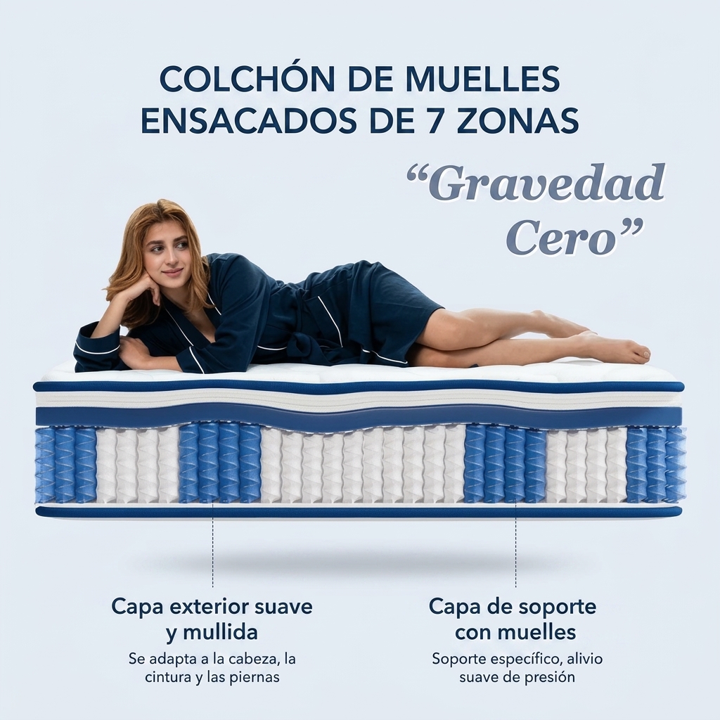 Colchón de muelles ensacados de 7 zonas, 22 cm de grosor, firmeza H3, transpirable y con efecto gravedad cero