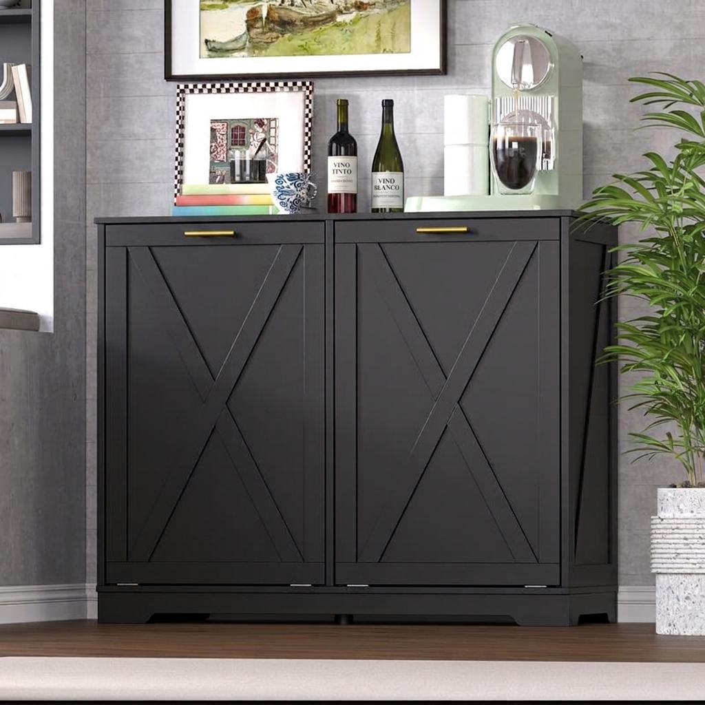 Cubo de basura basculante de doble compartimento, armario oculto para el contenedor de reciclaje, armario de lavandería de madera de doble compartimento con funciones desodorizantes, de iones negativos y de ozono, adecuado para cocinas, baños, lavaderos, 