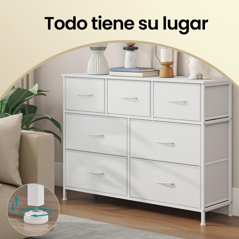 Cómoda de siete cajones, mueble de almacenamiento para dormitorio, fabricada en acero, tablero de fibra de densidad media y tela no tejida, adecuada para dormitorios, armarios, pasillos y salas de estar.