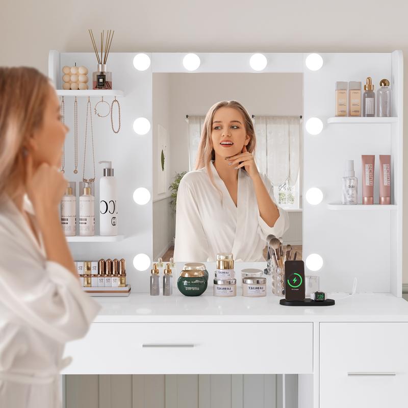 Moderno Tocadores De Maquillaje con espejo y luz,  con enchufe, mesa de tocador 4 cajones, 4 baldas abiertas, 5 ganchos para joyas, para dormitorio, blanco