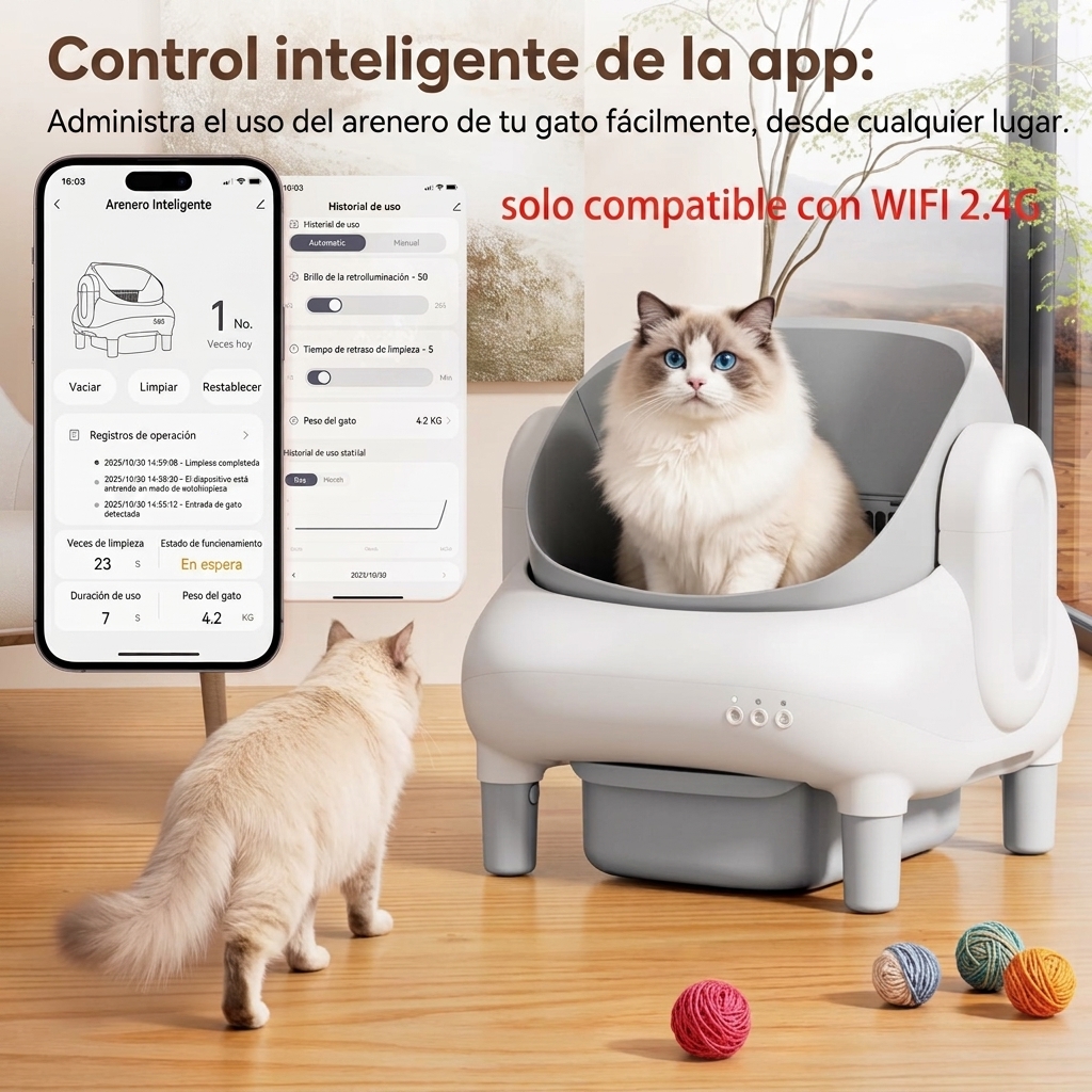 Arenero automático inteligente autolimpiable de tipo abierto (apto para hogares con varios gatos): doble tecnología de seguridad, funcionamiento silencioso, compatible únicamente con WiFi de 2,4 GHz, control mediante aplicación, diseño que bloquea los olo