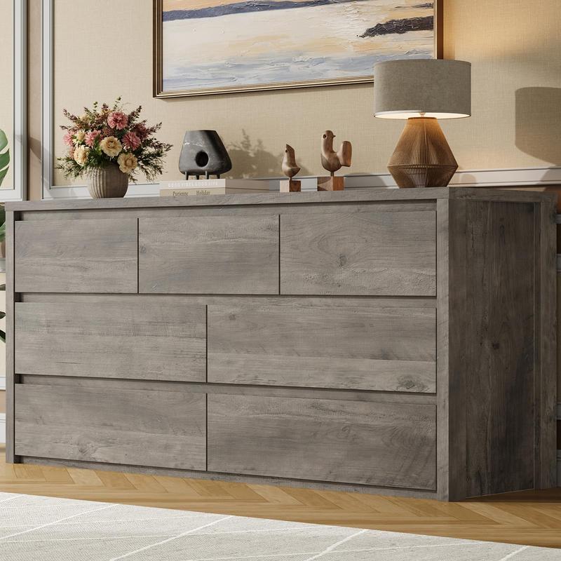 Cómoda de 7 cajones para dormitorio, amplio baúl de madera sin tiradores, moderno armario de almacenamiento para sala de estar o recibidor.