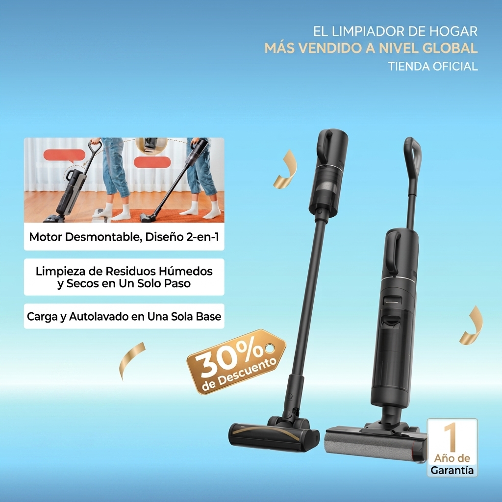 Aspiradora para sólidos y líquidos, aspiradora y fregona inalámbrica combinadas, con función de limpieza automática, limpiador de suelos inalámbrico apto para suelos duros, aspiradora para sólidos y líquidos con limpieza de bordes, temporada de regreso a 