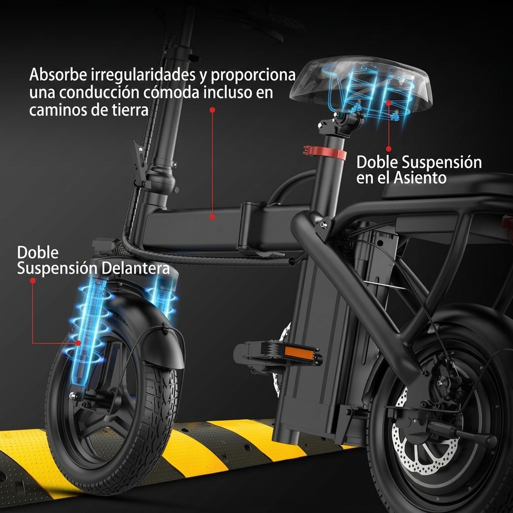 Bicicleta eléctrica plegable | Potencia máxima 1200 W | Neumáticos de 35,5 cm | Autonomía 35-64 km | Freno de disco trasero | Plegable | Dos plazas