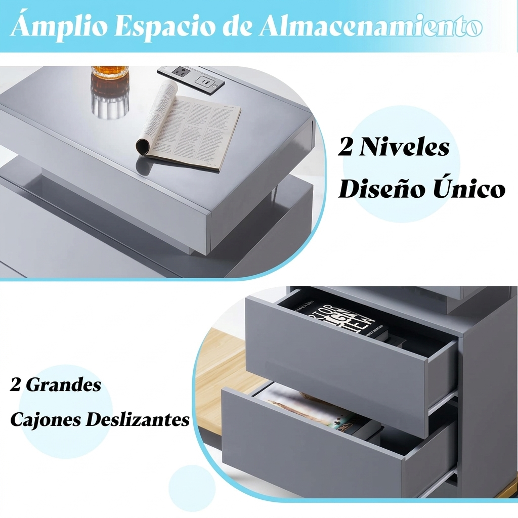 Pack de 2 Mesitas de Noche con LED y Estación de Carga, Mesillas Modernas con Luces RGB Controladas por App y Mando a Distancia, Cajones de Almacenamiento, Mesitas Auxiliares para Dormitorio, Salón o Sofá