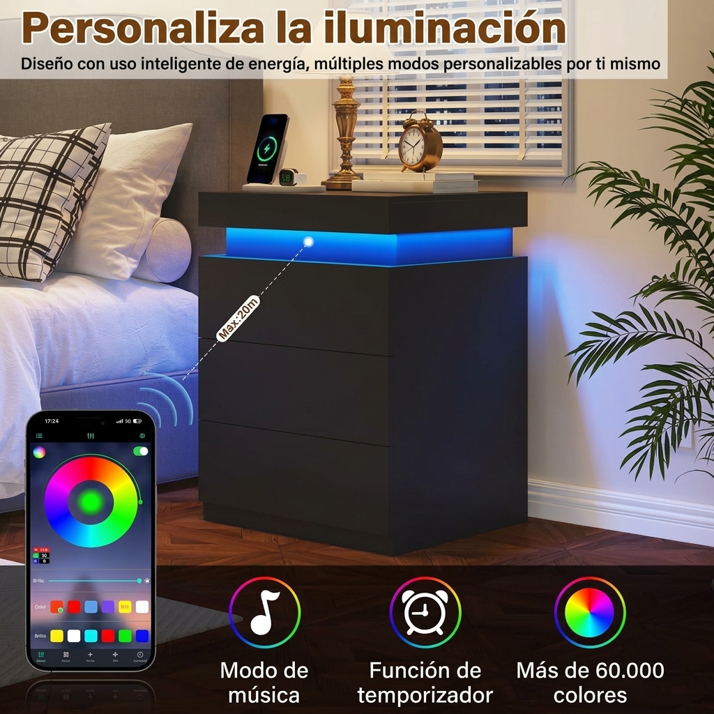 Mesita de noche con estación de carga y luces LED, mesa auxiliar con superficie deslizante para dormitorio, mesita de noche con cajones, mesa auxiliar moderna.