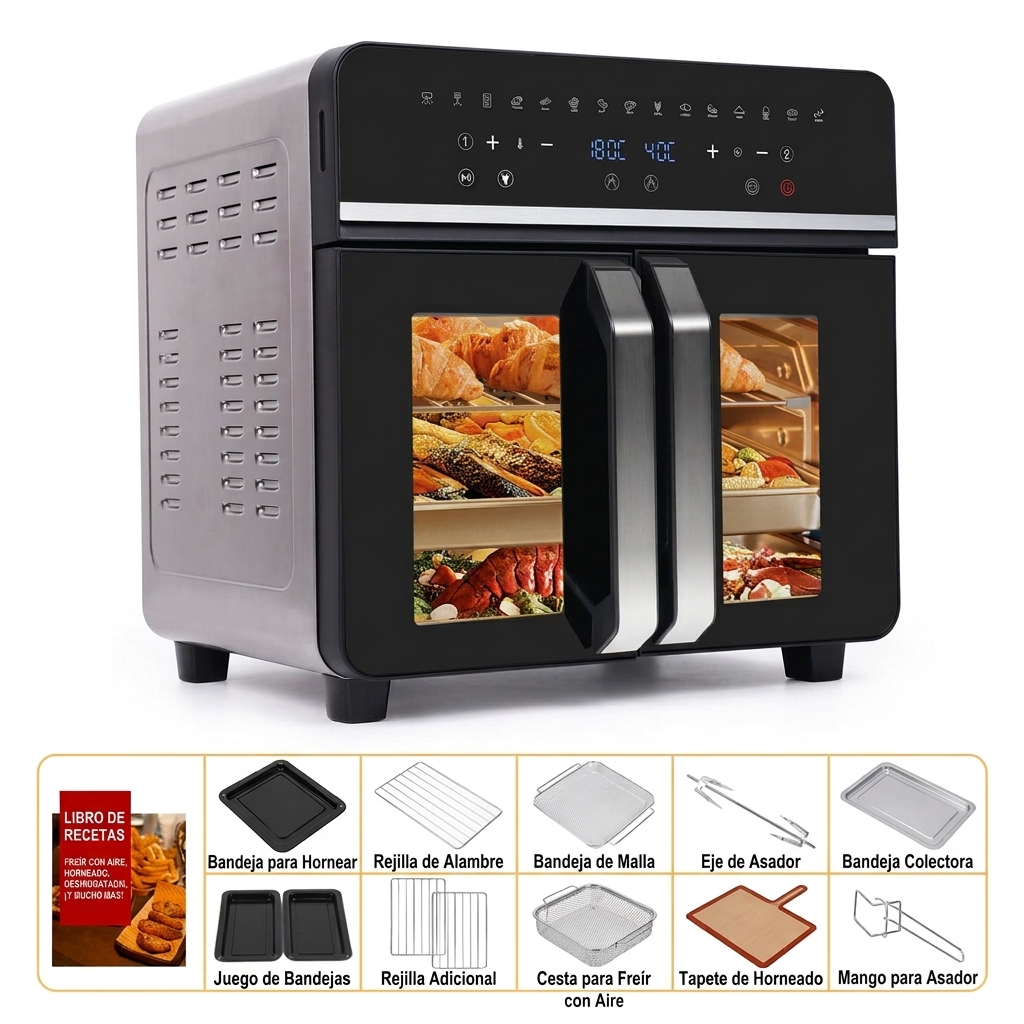 23L nuevo freidor de aire con cesta doble 2600W, mini horno de aire 23 litros, freidora de aire con pantalla táctil LED, 15 programas preestablecidos, 11 accesorios y 1 libro de recetas