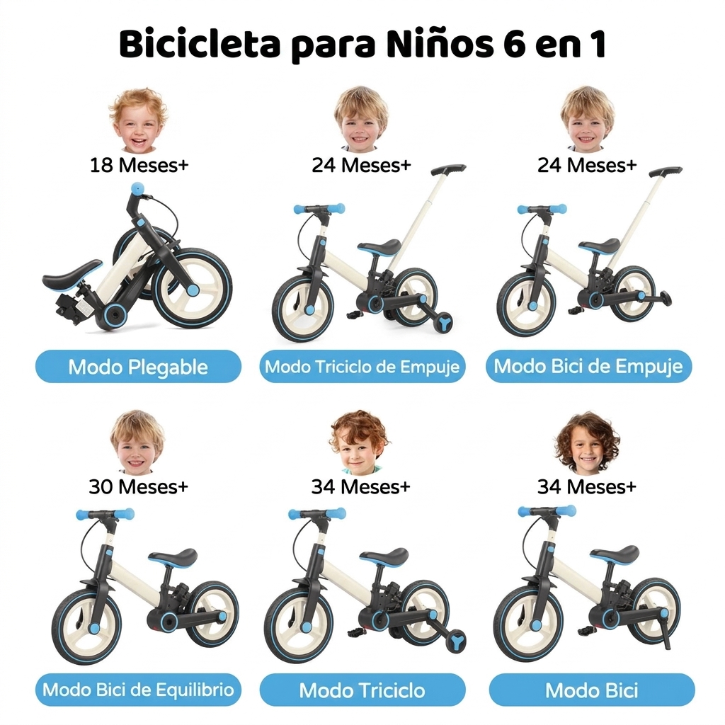 Bicicleta de equilibrio 6 en 1 para niños pequeños con ruedas de entrenamiento