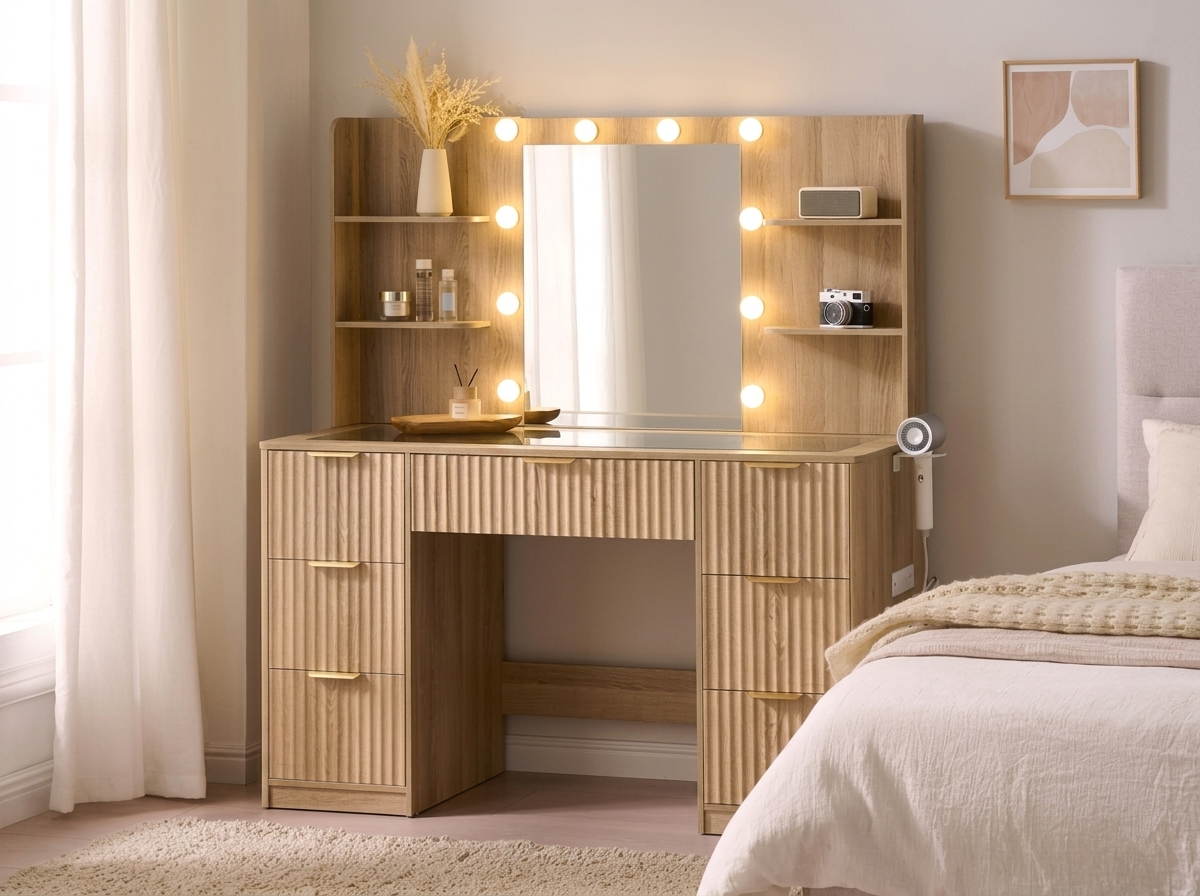 Tocador a rayas (con espejo y luz LED ajustable), con superficie de cristal y estación de carga, y un espacioso diseño de 4/7 cajones, perfecto para mujeres y niñas, adecuado para dormitorios o habitaciones de residencia estudiantil: un gran regalo/regalo