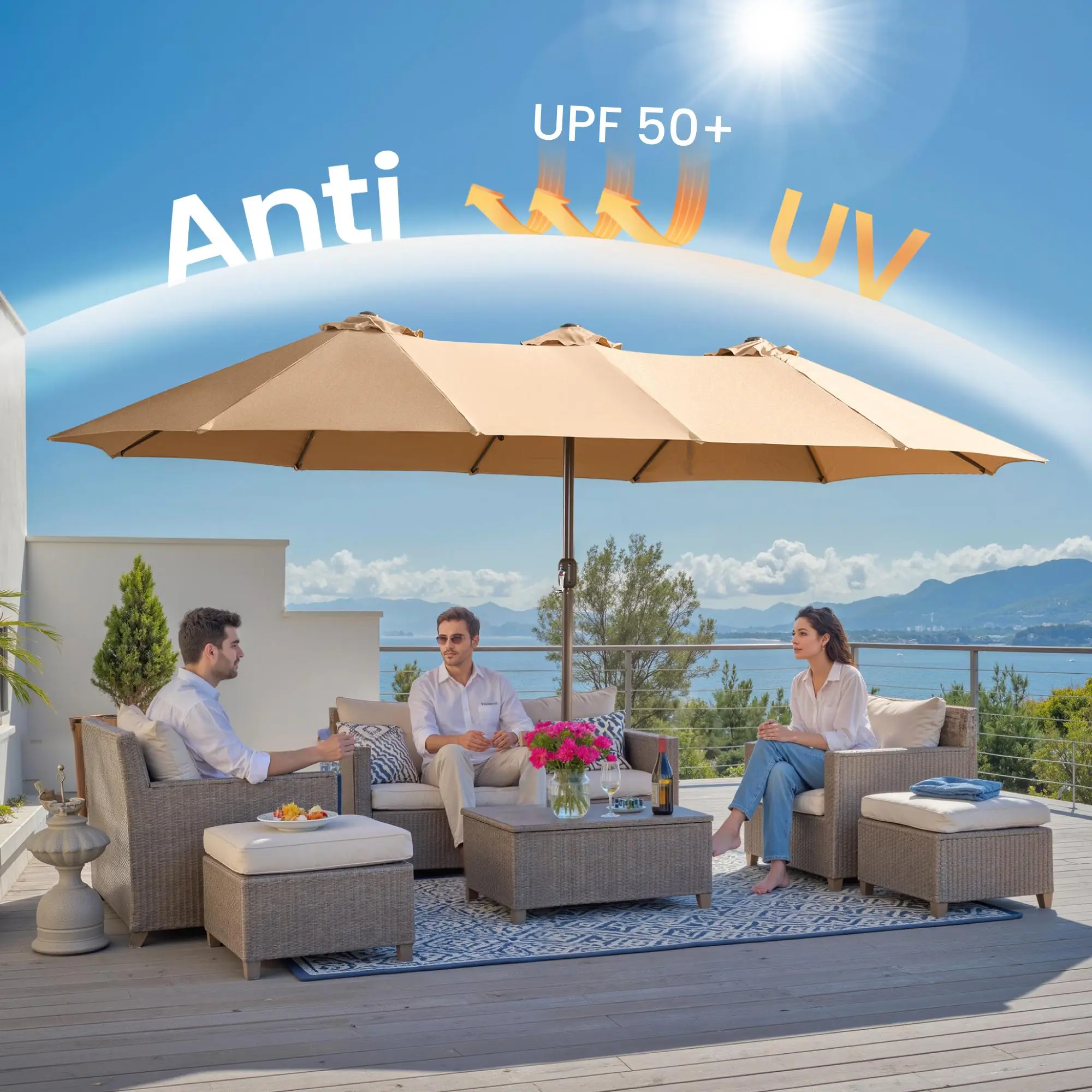Sombrilla de patio de 15 pies con base: impermeable y ajustable-Envío gratis