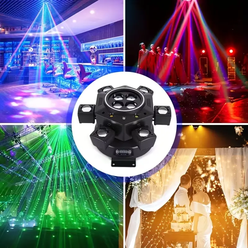 Cabeza móvil de DJ de 240 W con 8 brazos (luz de escenario RGBW), compatible con DMX-512 y control por voz: perfecta para fiestas, bodas y todo tipo de eventos.