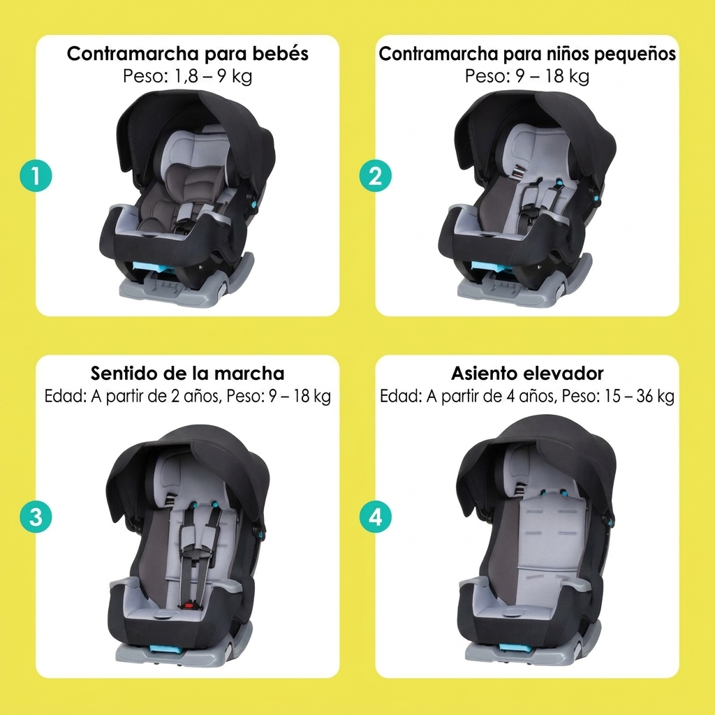 Silla de coche para bebé convertible ajustable 4 en 1 de alta gama con parasol integrado y protección contra impactos laterales.