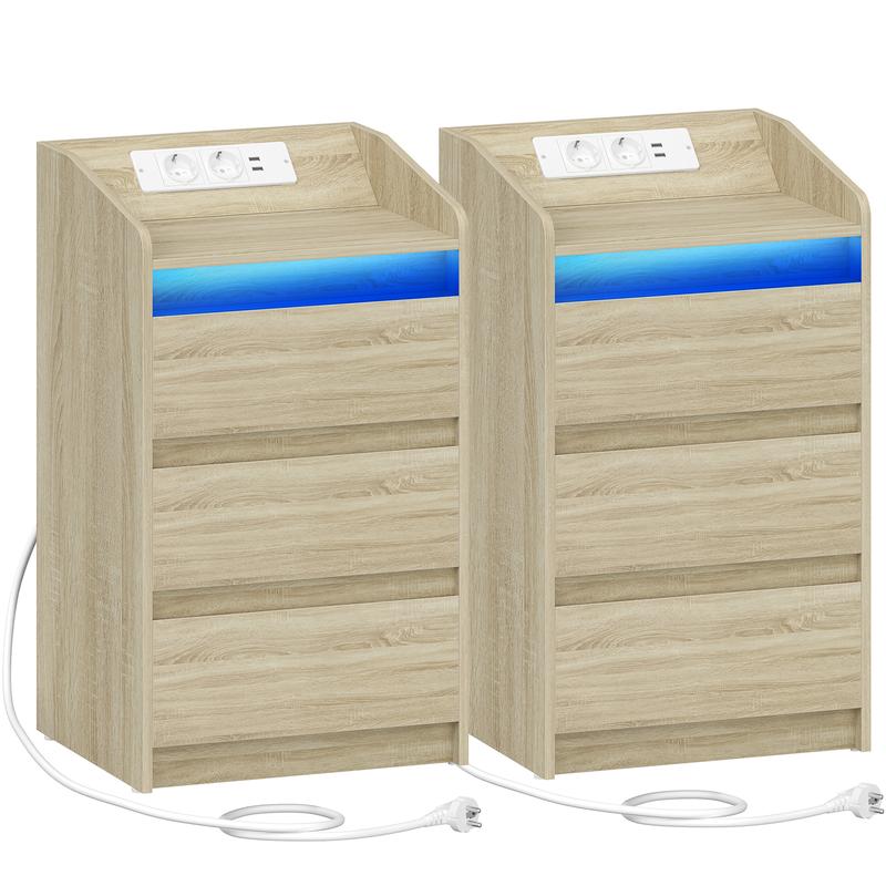 Tocador de noche con 3 cajones, mesita lateral con base de carga y LED, 2 enchufes de CA y 2 puertos USB para el dormitorio