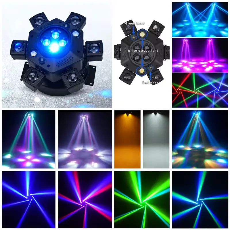 Cabeza móvil de DJ de 240 W con 8 brazos (luz de escenario RGBW), compatible con DMX-512 y control por voz: perfecta para fiestas, bodas y todo tipo de eventos.