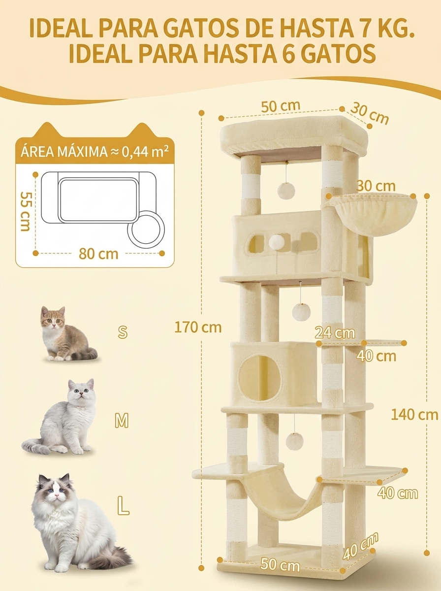 Un rascador de 170 cm de diámetro, ideal para gatos Maine Coon y otros felinos grandes, que incluye un poste rascador de varios niveles, una gran plataforma de descanso, una alfombrilla lavable, una casita con dos camas y ocho postes rascadores.