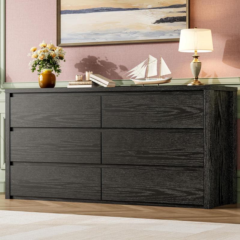 Cómoda de 6 cajones para dormitorio, cómoda ancha de madera sin tiradores, armario de almacenamiento moderno para sala de estar, pasillo o recibidor.