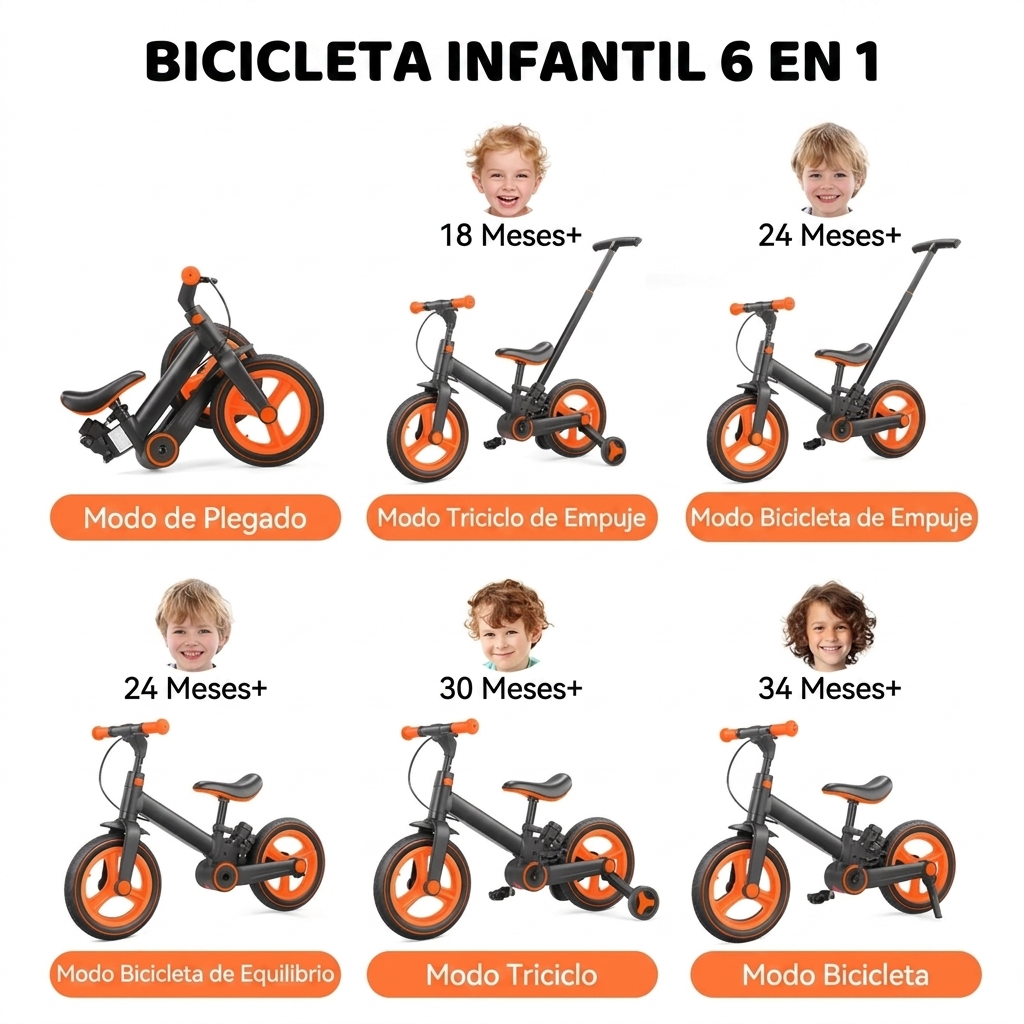 Bicicleta de equilibrio 6 en 1 para niños pequeños con ruedas de entrenamiento