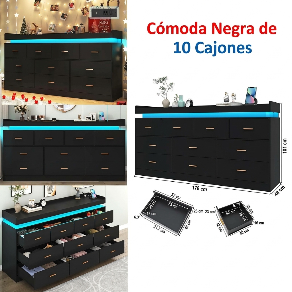 Cómoda con luz LED y estación de carga, cómoda moderna para armario, mueble organizador de cajones anchos para dormitorio, sala de estar, entrada y pasillo.