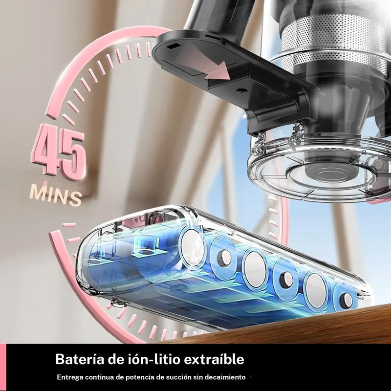 Aspiradora sin cable, recargable e inalámbrica, potente succión, ligero, pantalla LED, 3 modos de succión, batería desmontable, para suelos duros, alfombras y pelo de mascotas