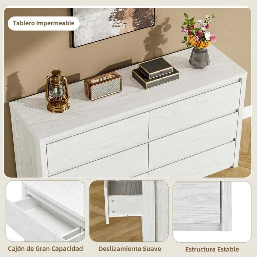 Cómoda de 6 cajones para dormitorio, cómoda ancha de madera sin tiradores, armario de almacenamiento moderno para sala de estar, pasillo o recibidor.