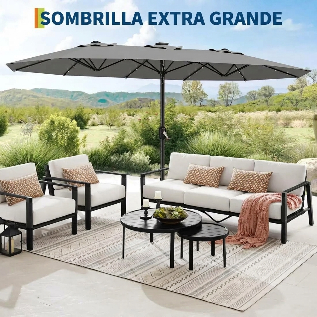Sombrilla doble para patio, 4,55 x 2,65 metros, con base, luz LED opcional, diseño reversible, manivela, impermeable y con protección solar, ideal para patios, playas, piscinas, cafeterías, etc.