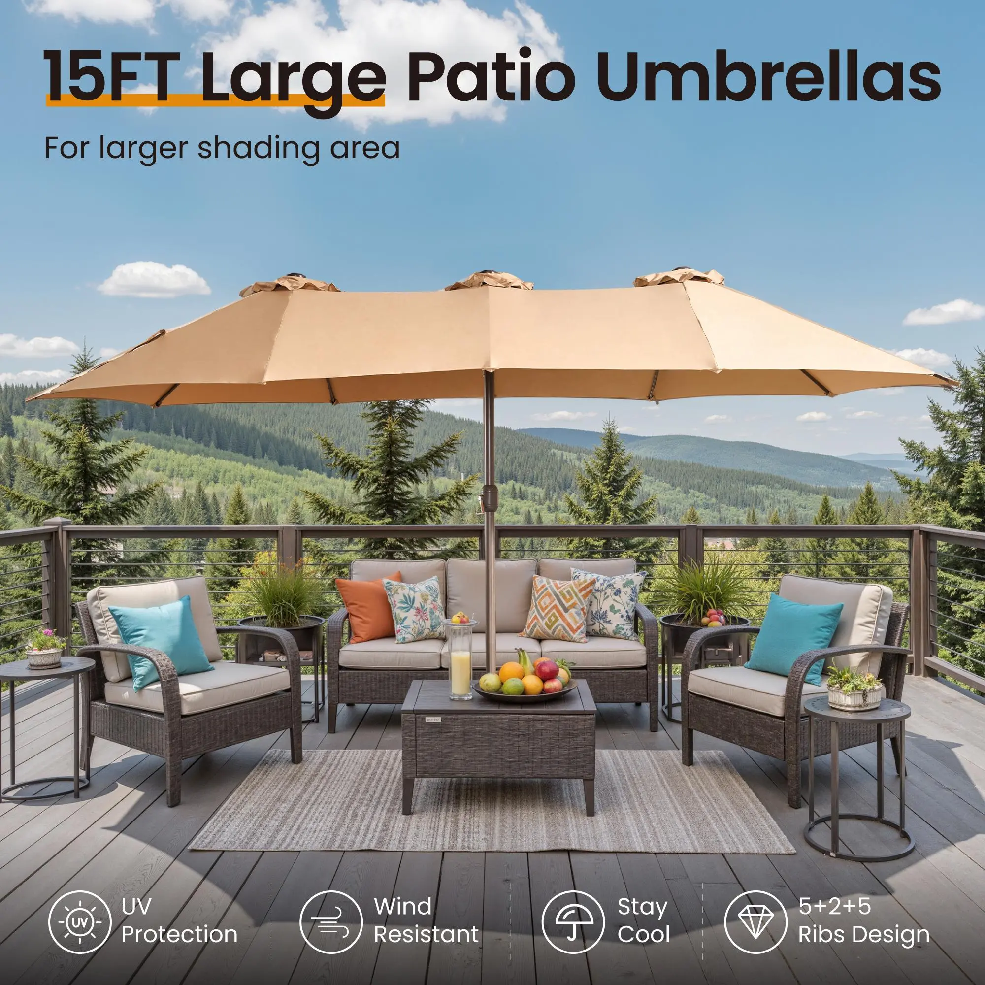 Sombrilla de patio de 15 pies con base: impermeable y ajustable-Envío gratis