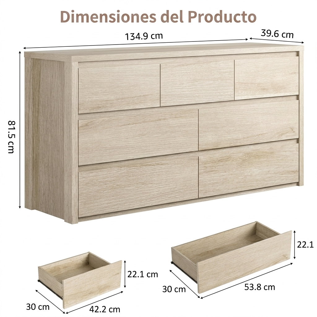 Cómoda de 7 cajones para dormitorio, amplio baúl de madera sin tiradores, moderno armario de almacenamiento para sala de estar o recibidor.