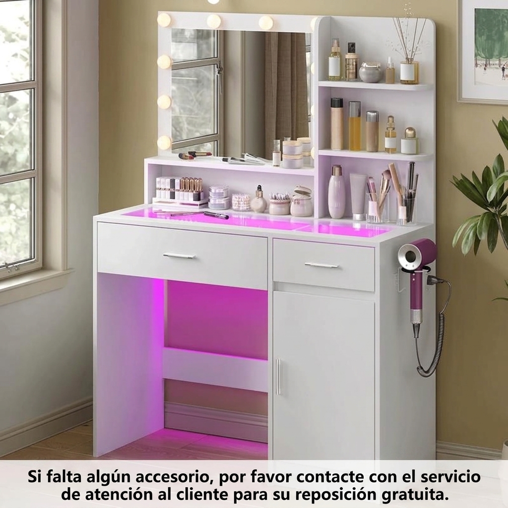 Tocador multifuncional con espejo, 3 modos de iluminación, 10 luces LED alimentadas por USB, tocador de 40 pulgadas, superficie de vidrio y toma de corriente, 36 modos de iluminación, cajones RGB ajustables, cómoda blanca para dormitorios de mujeres/niñas