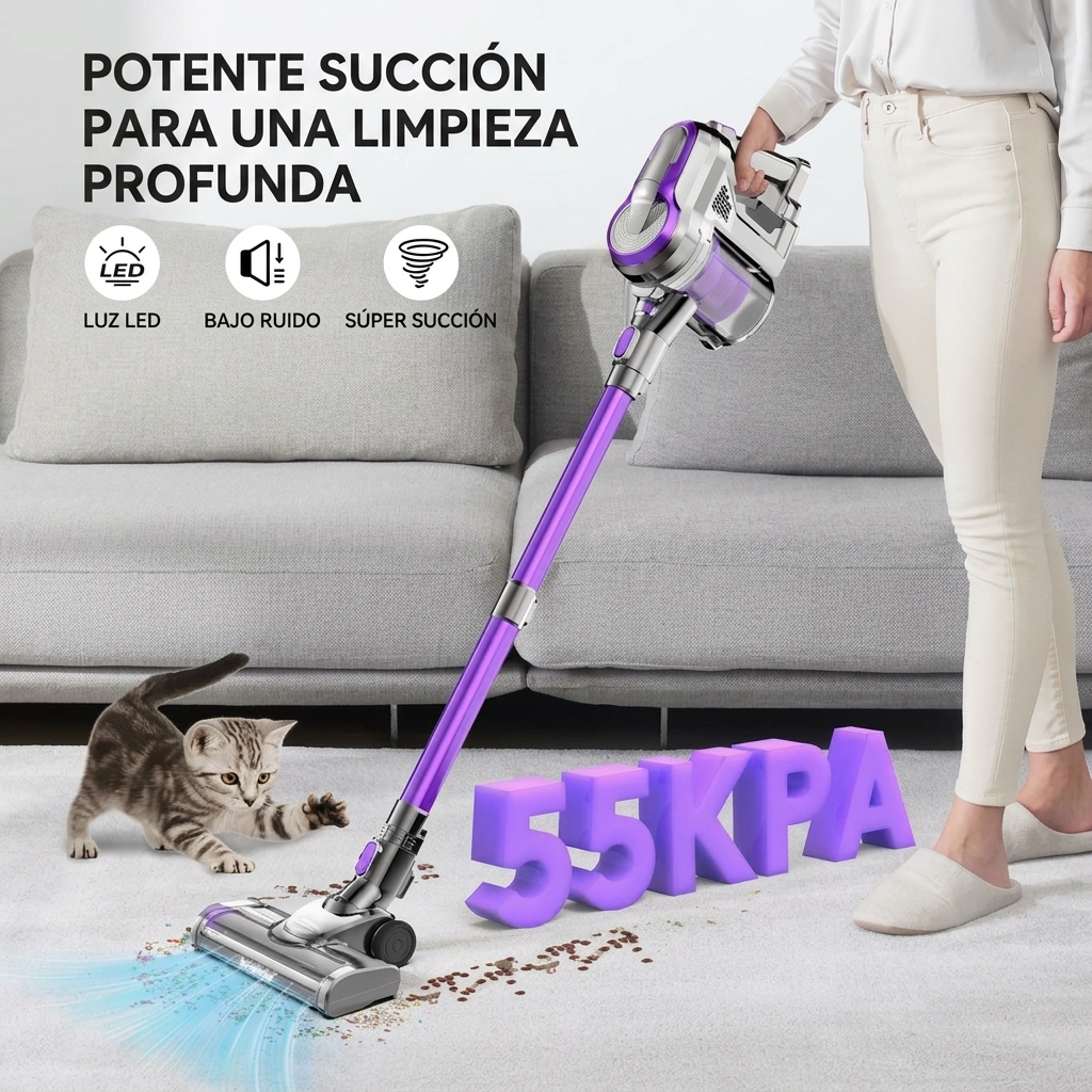 Aspiradora inalámbrica 6 en 1, potente succión, hasta 55 minutos de autonomía, equipada con pantalla inteligente y cabezal de cepillo antienredos.