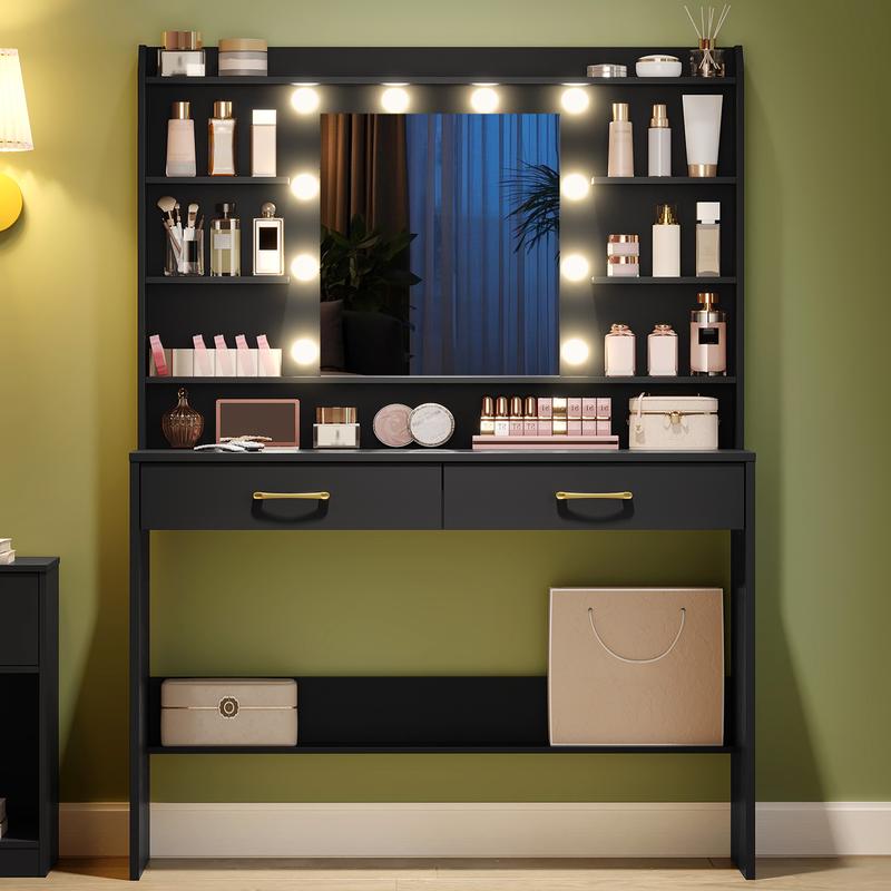 Mesa de maquillaje con espejo, con superficies de almacenaje y 2 cajones, para dormitorio y sala de estar, brillo ajustable
