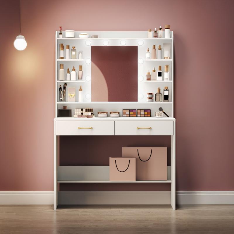 Mesa de maquillaje con espejo, con superficies de almacenaje y 2 cajones, para dormitorio y sala de estar, brillo ajustable