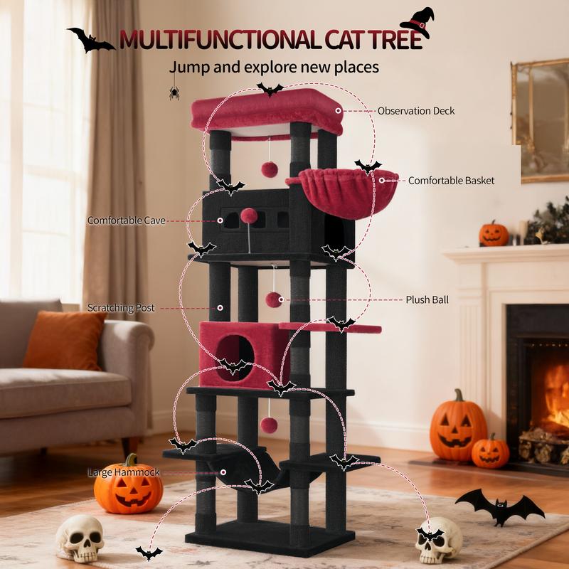 Un rascador de 170 cm de diámetro, ideal para gatos Maine Coon y otros felinos grandes, que incluye un poste rascador de varios niveles, una gran plataforma de descanso, una alfombrilla lavable, una casita con dos camas y ocho postes rascadores.