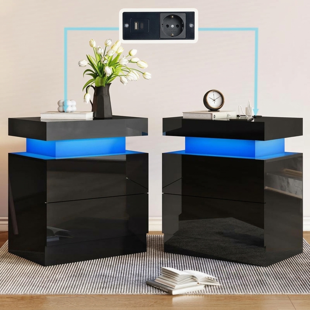 Pack de 2 Mesitas de Noche con LED y Estación de Carga, Mesillas Modernas con Luces RGB Controladas por App y Mando a Distancia, Cajones de Almacenamiento, Mesitas Auxiliares para Dormitorio, Salón o Sofá