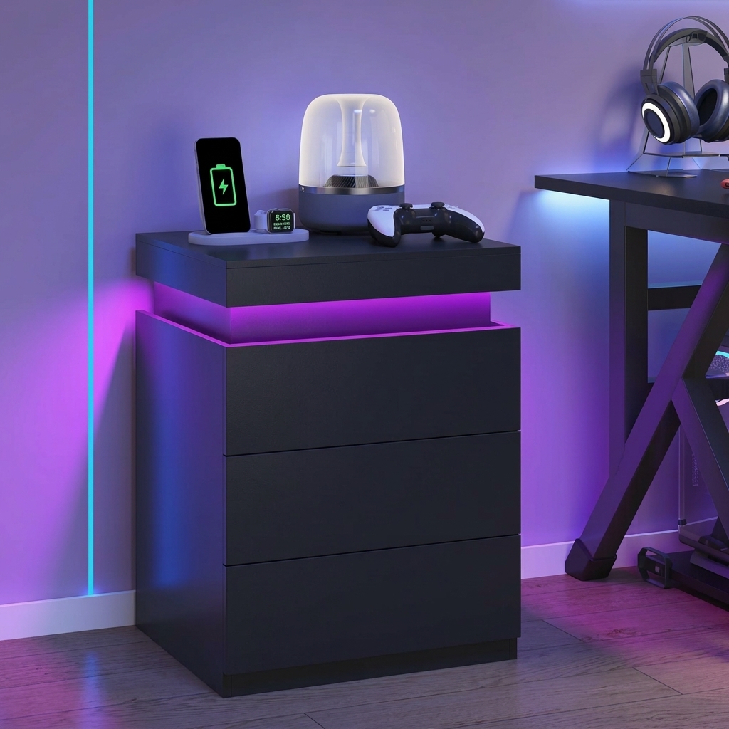 Mesita de noche con estación de carga y luces LED, mesa auxiliar con superficie deslizante para dormitorio, mesita de noche con cajones, mesa auxiliar moderna.