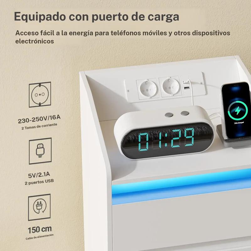 Tocador de noche con 3 cajones, mesita lateral con base de carga y LED, 2 enchufes de CA y 2 puertos USB para el dormitorio
