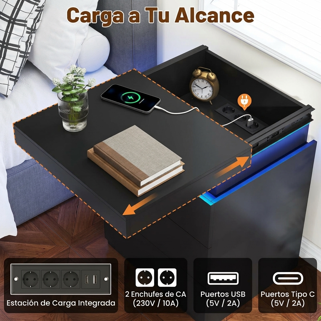Mesita de noche con estación de carga y luces LED, mesa auxiliar con superficie deslizante para dormitorio, mesita de noche con cajones, mesa auxiliar moderna.