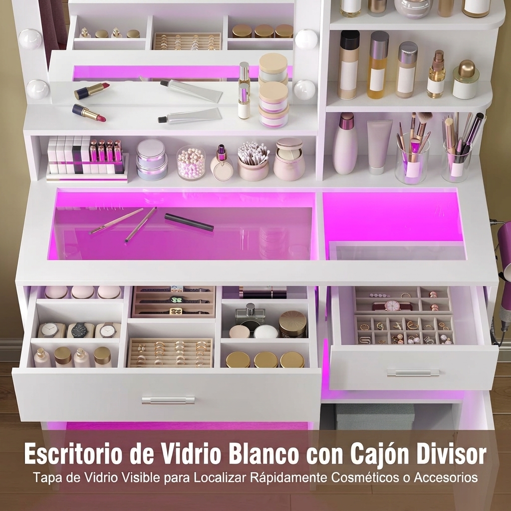 Tocador multifuncional con espejo, 3 modos de iluminación, 10 luces LED alimentadas por USB, tocador de 40 pulgadas, superficie de vidrio y toma de corriente, 36 modos de iluminación, cajones RGB ajustables, cómoda blanca para dormitorios de mujeres/niñas