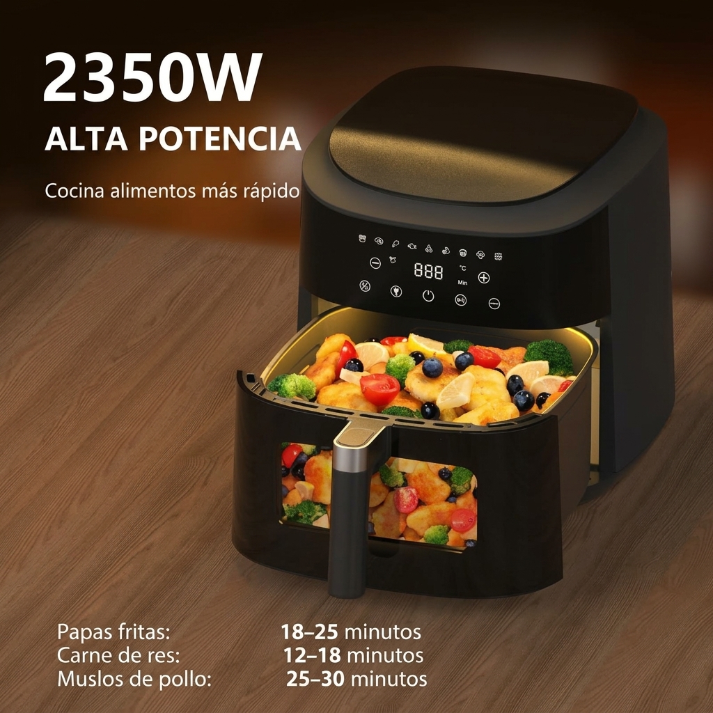 Freidora de aire potente de 9 L (XXL) con ventana transparente - Freidora de aire de 2350 W con circulación de aire a 360°, 9 programas automáticos