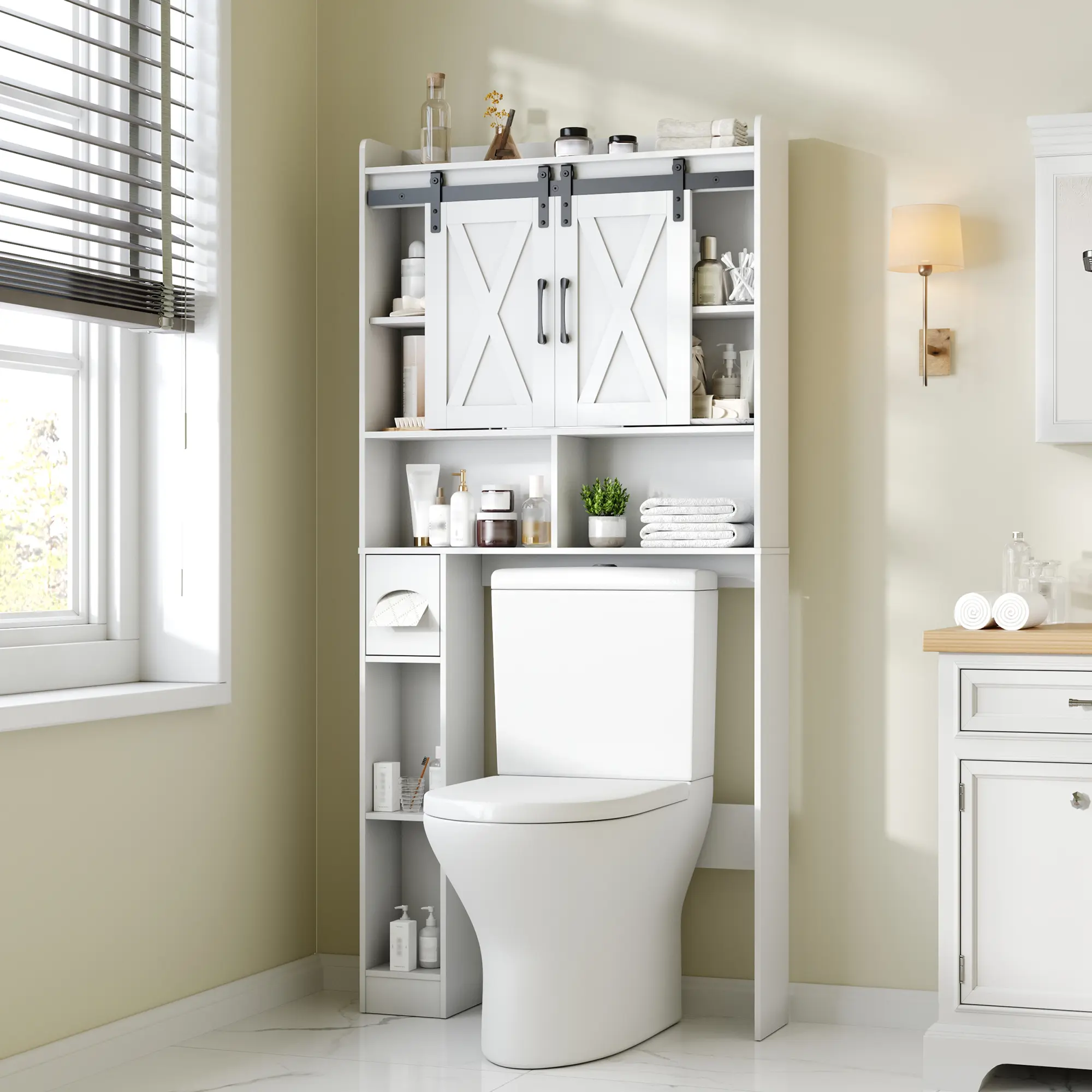 Mueble de almacenamiento para colocar sobre el inodoro, estilo casa de campo