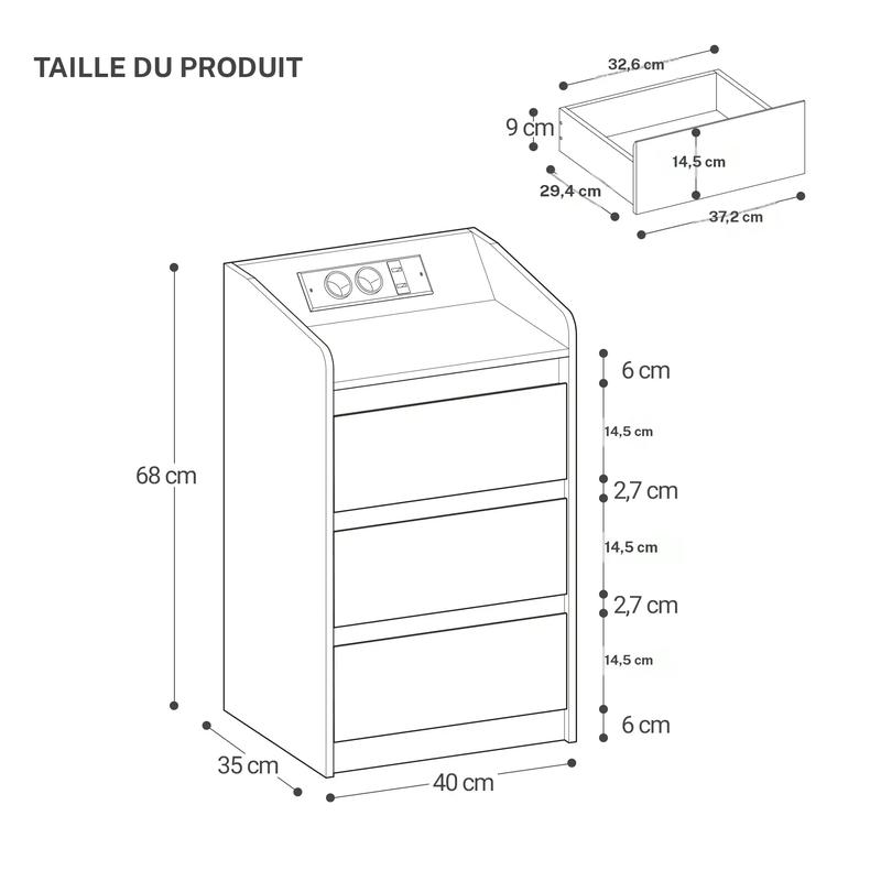 Tocador de noche con 3 cajones, mesita lateral con base de carga y LED, 2 enchufes de CA y 2 puertos USB para el dormitorio