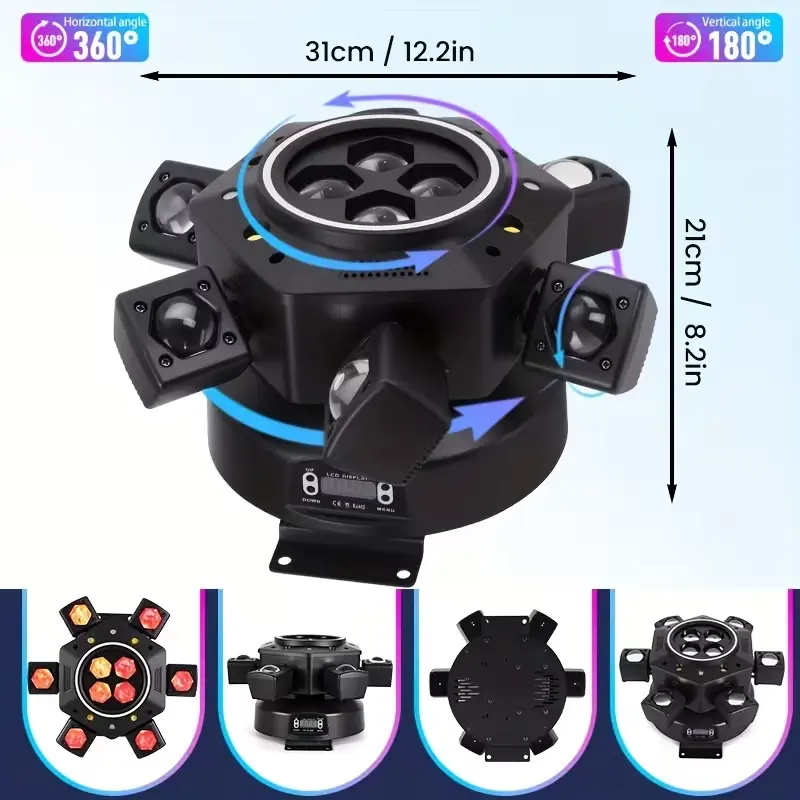 Cabeza móvil de DJ de 240 W con 8 brazos (luz de escenario RGBW), compatible con DMX-512 y control por voz: perfecta para fiestas, bodas y todo tipo de eventos.