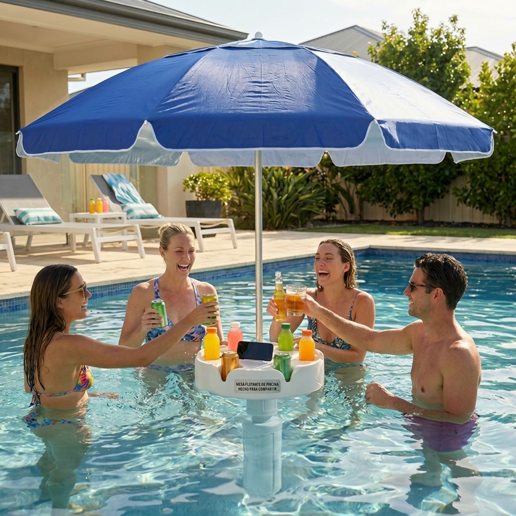 Sombrilla flotante para piscina con barra y base, sombrilla portátil para mesa de bar de piscina con portavasos y soporte para teléfono, sombra flotante para la piscina, incluye bolsa de transporte fácil, para el interior de la piscina, área de baño, casa
