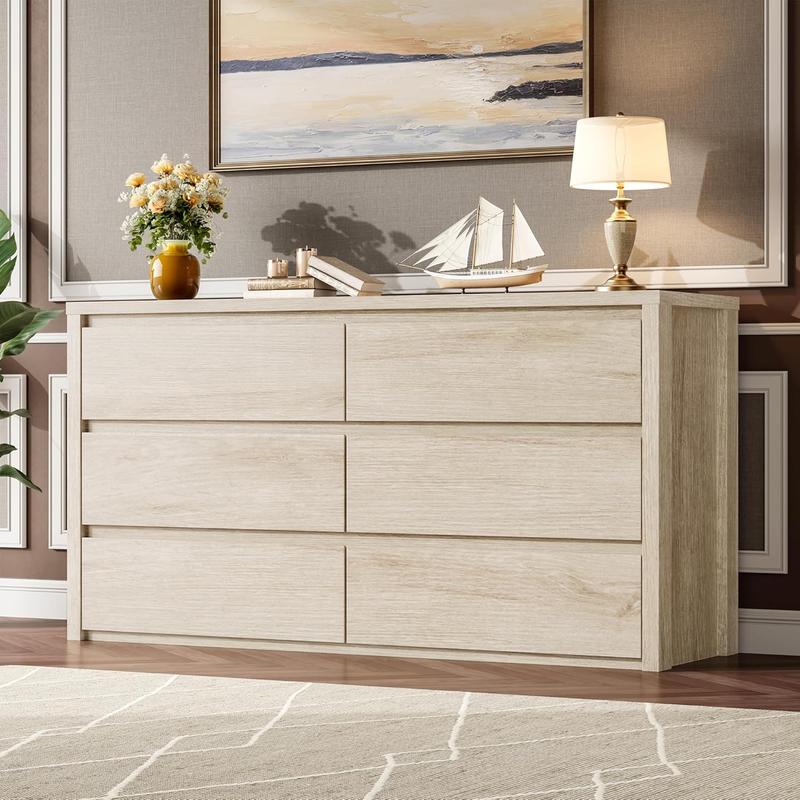 Cómoda de 6 cajones para dormitorio, cómoda ancha de madera sin tiradores, armario de almacenamiento moderno para sala de estar, pasillo o recibidor.