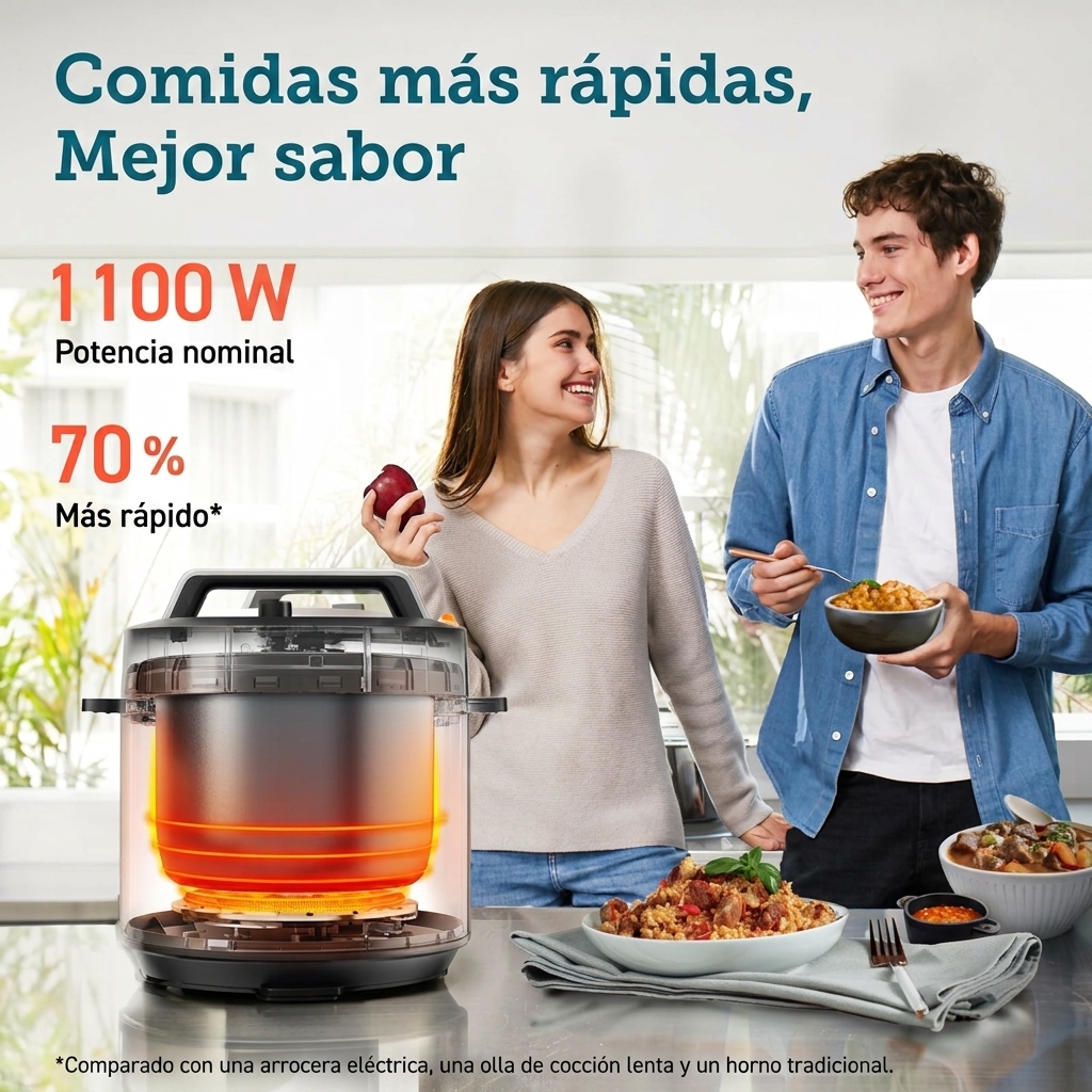 Este juego incluye una olla a presión multifuncional de 6 cuartos (9 en 1) y una arrocera multifuncional de 5 cuartos (18 en 1). Estas ollas multifuncionales ofrecen funciones como freír, cocción lenta, cocción al vapor, cocción a baja temperatura, esteri