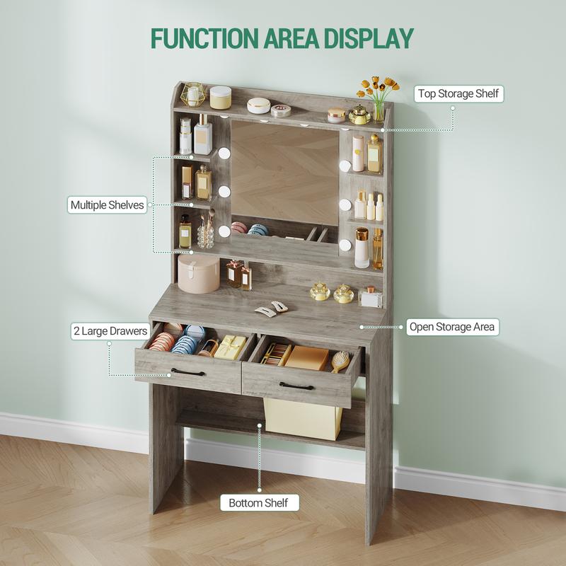 Mesa de maquillaje con espejo, con superficies de almacenaje y 2 cajones, para dormitorio y sala de estar, brillo ajustable